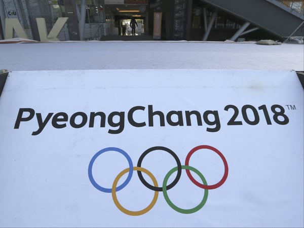 The Olympic rings with a sign of 2018 Pyeongchang Games is seen at the Imjingak Pavilion in Paju, South Korea, Friday, Jan. 19, 2018. 