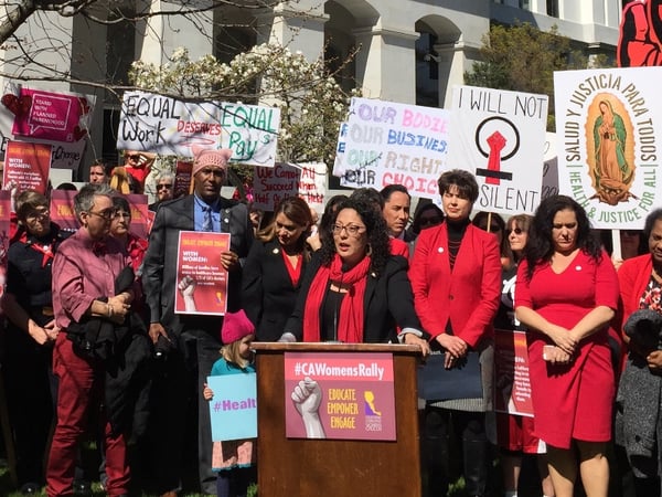 California Assemblywoman and Legislative Women's Caucus chair Cristina Garcia (D-Bell Gardens) speaks at an International Women's Day and "Day Without A Woman" rally outside the California state Capitol on Wednesday, March 8, 2017.