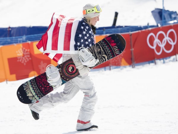 Jamie Anderson of the United States celebrates her gold medal win following snowboard slopestyle finals at the Phoenix Snow Park at he Pyeongchang 2018 Winter Olympic Games in South Korea, Monday, Feb. 12, 2018. 