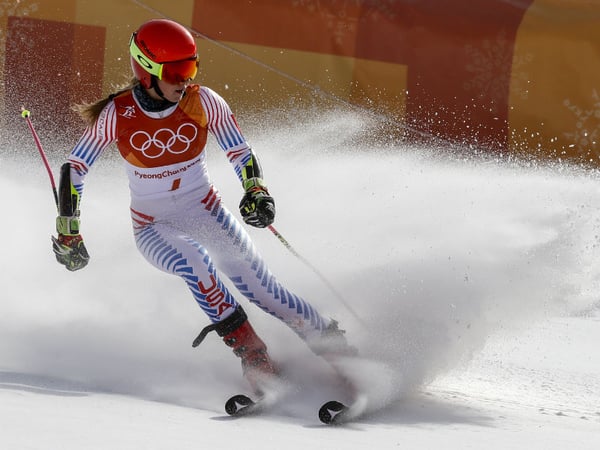 Mikaela Shiffrin, of the United States, skies into the finish area after winning the gold medal in the Women's Giant Slalom at the 2018 Winter Olympics in Pyeongchang, South Korea, Thursday, Feb. 15, 2018.