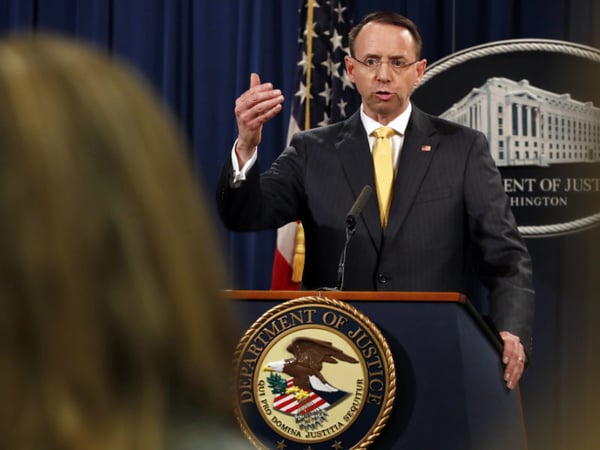Deputy Attorney General Rod Rosenstein answers a question after announcing that the office of special counsel Robert Mueller announced a grand jury has charged 13 Russian nationals and several Russian entities, Friday, Feb. 16, 2018, in Washington.