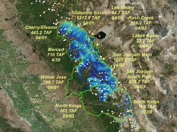 This map shows the basins that NASA's Aerial Snow Observatory currently flies over. The blue and white hues show depth for nearly all the snow in the basins compared to the averages taken through snow surveys and sensors (represented by the circles).