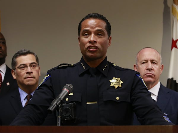 Sacramento Police Chief Daniel Hahn, center, flanked by California Attorney General Xavier Becerra, second from left, and Sacramento Mayor Darrell Steinberg Tuesday, March 27, 2018, in Sacramento, Calif.
