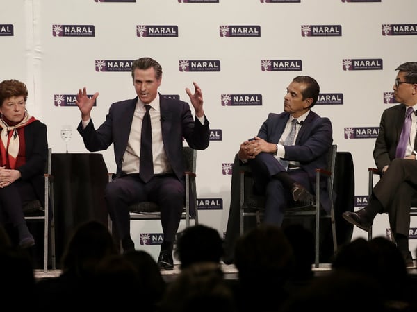 Democratic Candidates for California Governor Delaine Eastin, from left, Gavin Newsom, Antonio Villaraigosa and John Chiang speak at a NARAL Pro-Choice California event in San Francisco, Tuesday, Jan. 30, 2018.