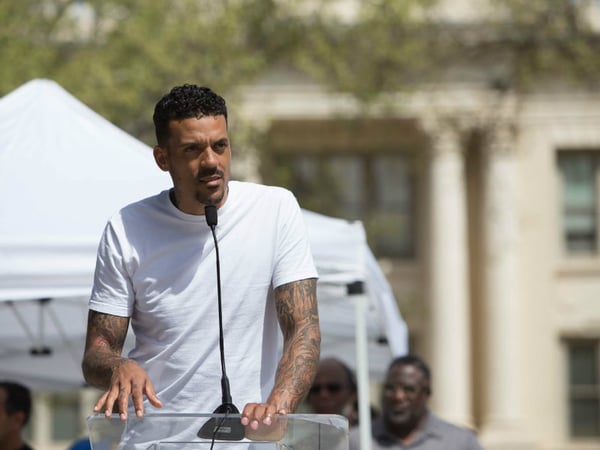 Former NBA player Matt Barnes speaks at a peace rally for Stephon Clark, the unarmed black man killed by Sacramento police, at Cesar Chavez Plaza in Sacramento on March 31, 2018. 