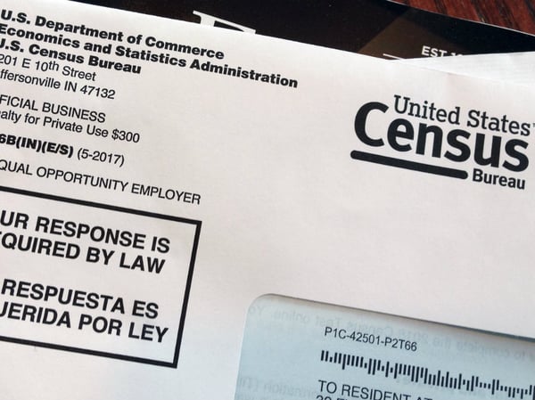 This March 23, 2018 photo shows an envelope containing a 2018 census test letter mailed to a resident in Providence, R.I. 