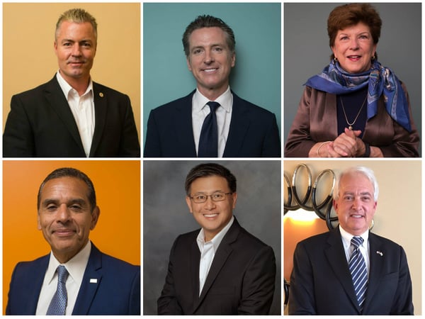 Top, from left to right: Gubernatorial candidates Travis Allen, Gavin Newsom and Delaine Eastin. Bottom: Candidates Antonio Villaraigosa, John Chiang and John Cox.