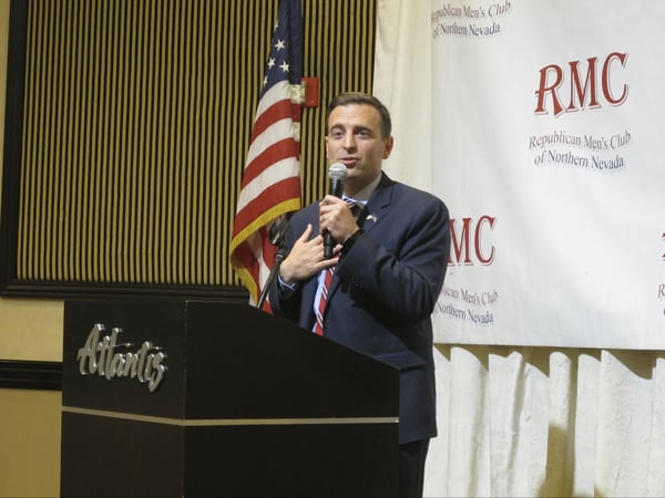 Nevada Attorney General Adam Laxalt, a candidate for governor, speaks at a luncheon sponsored by the Republican Men's Club of Northern Nevada, Thursday, May 17, 2018 in Reno, Nev.