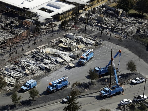 In this Oct. 14, 2017, file photo, Pacific Gas & Electric crews work on restoring power lines in a fire-ravaged neighborhood in an aerial view in the aftermath of a wildfire in Santa Rosa, Calif.