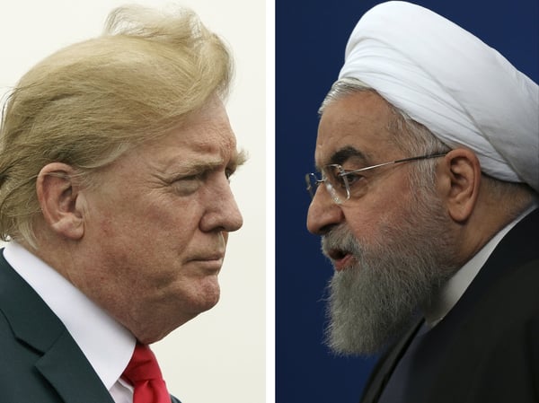 This combination of two pictures shows U.S. President Donald Trump, left, on July 22, 2018, and Iranian President Hassan Rouhani on Feb. 6, 2018. 