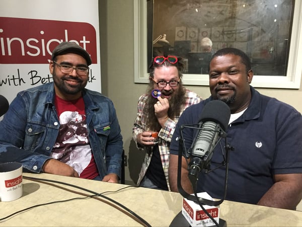 Michael Calero, Eben Burgoon and Robert Love (from left) of ArtMix CrockerCon in the Insight studio.