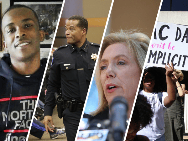(From left) Stephon Clark, Sacramento Police Chief Daniel Hahn, Sacramento District Attorney Anne Marie Schubert, and demonstrators in front the Sacramento DA's Office.