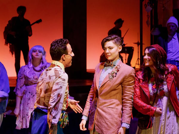 Charlie Lavaroni as Touchstone, Andrea J. Love as Rosalind, and Gabby Battista as Celia in the Davis Shakespeare Festival's production of "As You Like It."