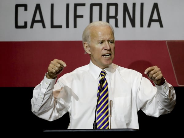 Former Vice President Joe Biden speaks at a rally on the Cal State Fullerton campus Thursday, Oct. 4, 2018, in Fullerton, Calif.