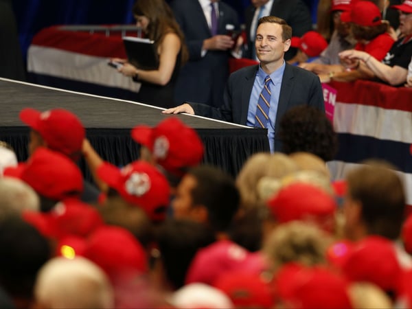 Nevada Attorney General Adam Laxalt waits to take the stage before a September campaign rally in Las Vegas. In the Nevada governor's race, Laxalt has frequently included anti-California messages in campaign appearances and statements.