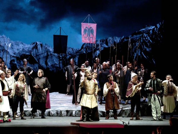 Opera Modesto's new Artistic Director Roy Stevens toasts beautiful Albania as Skanderbeg in the National Theatre of Opera and Ballet of Albania.