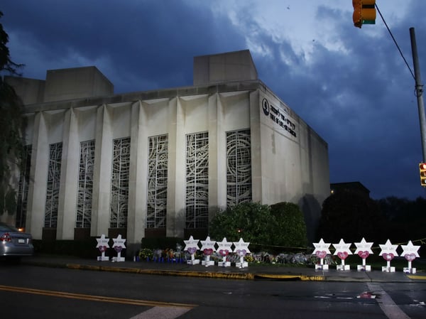 A memorial of flowers and stars line the sidewalk outside the Tree of Life Synagogue Sunday, Oct. 28, 2018, in remembrance of 11 people killed when a shooter opened fire during services Saturday, Oct. 28, 2018 in Pittsburgh.