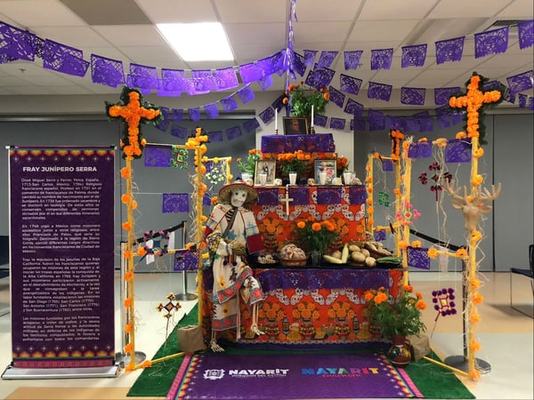 Altar in honor of Junipero Serra, sponsored by the Mexican Consulate in Sacramento. The altar was constructed by Juan Carlos Altamirano, Workshop specialist at the Museo de los Cinco Pueblos in Nayarit.