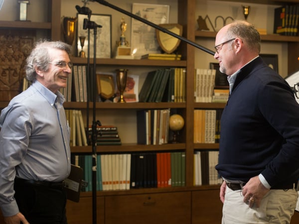 Nat Katzman (left), director of "Moscone: A Legacy of Change," and Jonathan Moscone, George Moscone's son, talk during an interview for the film at University of the Pacific.