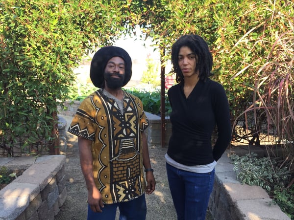 Folk musicians Seymour Love (left) and Hannah Mayree (right) in the CapRadio Garden