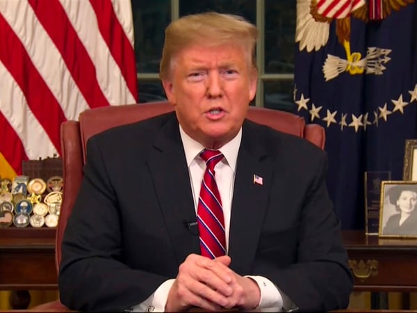 In this image from video, President Donald Trump speaks during a televised address from the Oval Office of the White House in Washington on Tuesday, Jan. 8, 2019.