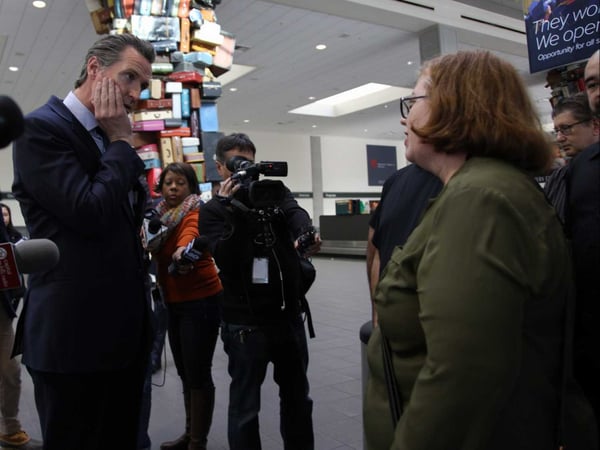 Gov. Gavin Newsom meets with TSA employees at Sacramento International Airport during the federal government shutdown.