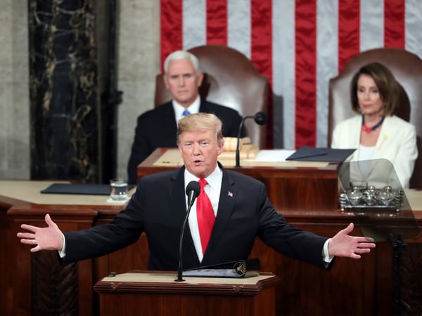 President Donald Trump delivers his State of the Union address to a joint session of Congress on Capitol Hill in Washington, as Vice President Mike Pence and Speaker of the House Nancy Pelosi, D-Calif., watch, Tuesday, Feb. 5, 2019.