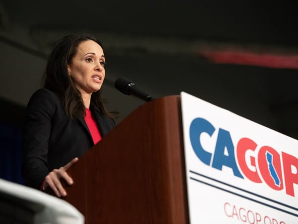 Jessica Patterson takes the stage moments after being elected California's GOP chair.