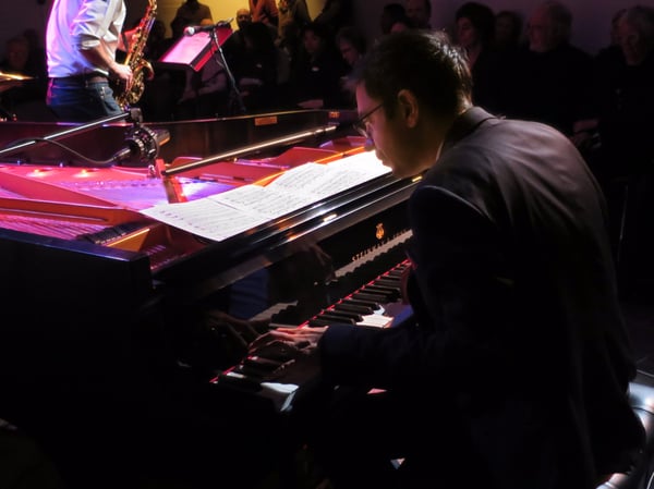 In this photo of March 30, 2016, composer Vijay Iyer, right, The Met Breuer museum's performance artist in residence, plays piano at the The Metropolitan Museum of Art in New York.