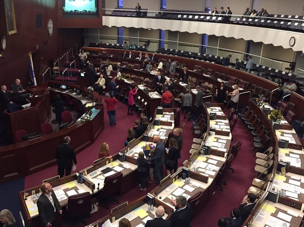 Assembly members gather before the Nevada State Assembly in Carson City, Nev., Monday, Feb. 4, 2019.