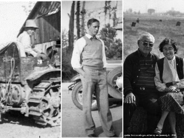 Marielle Tsukamoto's father, Al Tsukamoto, on a tractor on his farm; Bob Fletcher in 1935; Al and Mary Tsukamoto on their farm after the war.