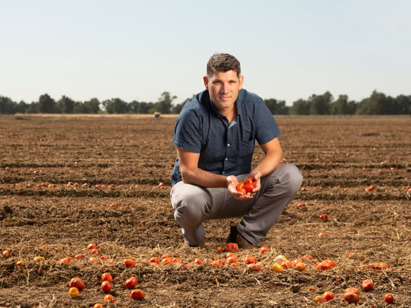 Assistant Professor Ned Spang holds pasting tomatoes that have been left in a field after mechanical harvest. Mechanical harvesting can reduce food waste and typically leaves only 1 to 2 percent of yield behind.