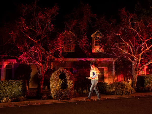A Pacific Gas & Electric worker passes a home on Merrill Dr. in Moraga, Calif., as firefighters work to contain a wildfire burning behind it on Thursday, Oct. 10, 2019.