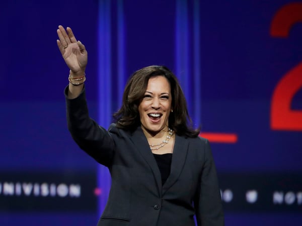 Sen. Kamala Harris, D-Calif., waves during a presidential forum at the California Democratic Party's convention Saturday, Nov. 16, 2019, in Long Beach, Calif.