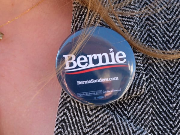A pin in support of presidential candidate Bernie Sanders at the Nevada caucus.