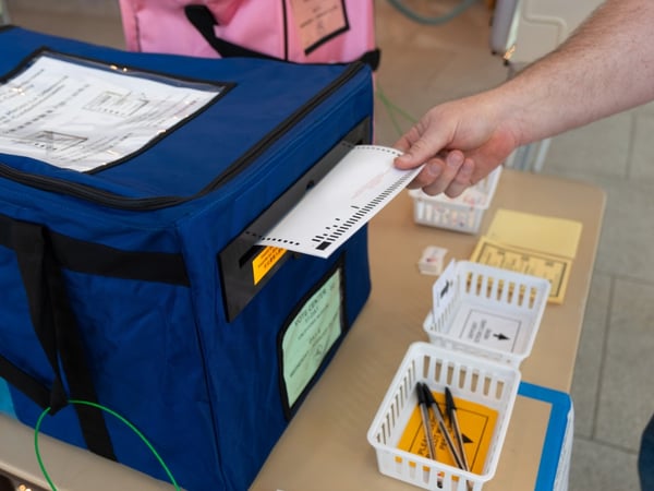 Voters submit their ballots at the vote center located at the California Museum in Sacramento February 26, 2020.