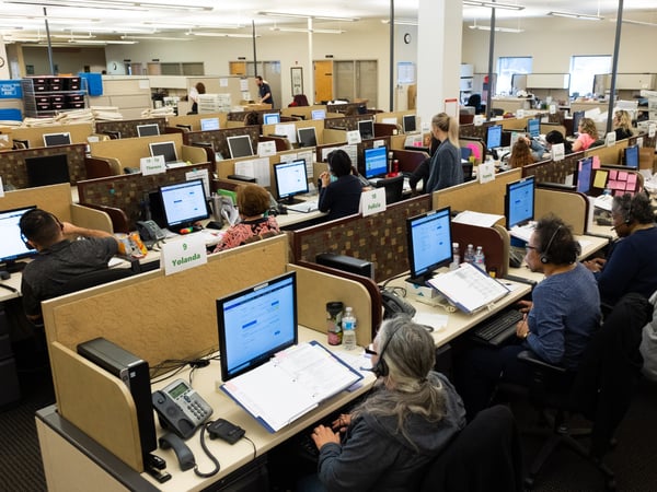 The call center at the Sacramento County Registrar's Office answers questions from voters in the run-up to and the day of the election, pictured March 3, 2020.