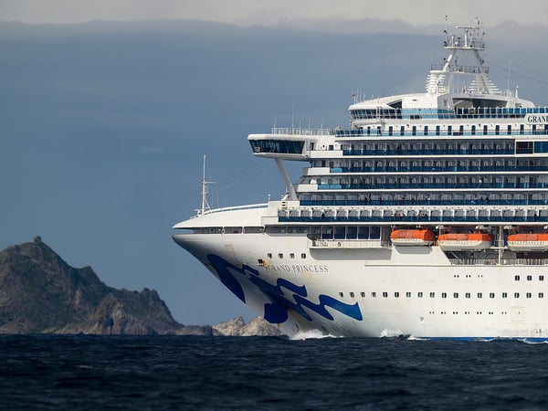 Carrying multiple people who have tested positive for COVID-19, the Grand Princess passes the Farallon Islands while holding off the coast of San Francisco, Sunday, March 8, 2020. The cruise ship is scheduled to dock at the Port of Oakland on Monday.