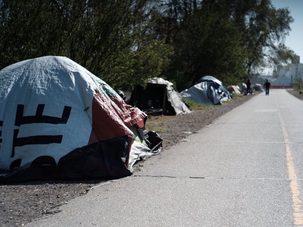 Tents along the bike trail near the American River.