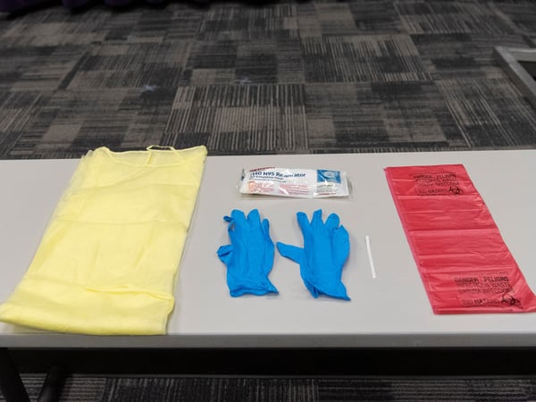 Examples of some of the personal protective equipment being provided to first responders during the new coronavirus pandemic are displayed during a news conference, Tuesday, March 24, 2020, in Chicago.