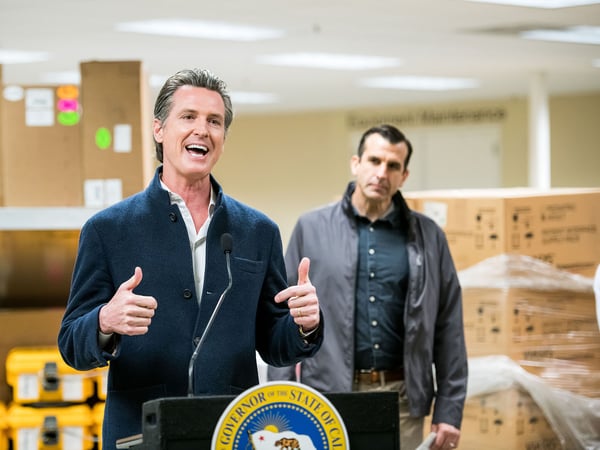 Gov. Gavin Newsom speaks during a press conference at the Bloom Energy on Mar. 28, 2020.  Bloom Energy is a fuel cell generator company that has switched over to refurbishing ventilators as more patients experience respiratory issues due to COVID-19.