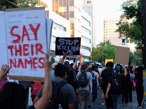 Demonstrators march in downtown Sacramento, protesting the death of George Floyd and other victims of police violence, Monday, June 1, 2020.