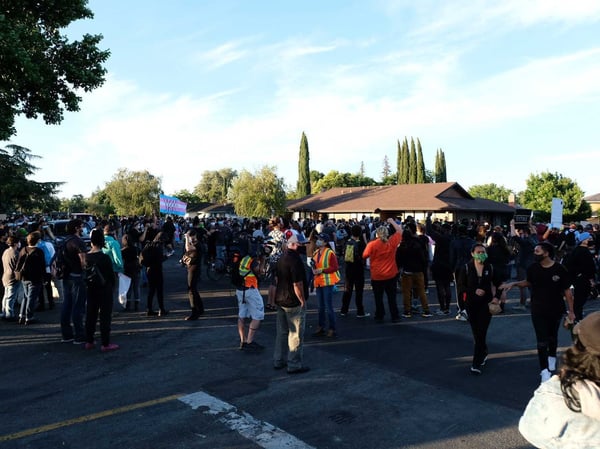 Demonstrators protesting police brutality gather near Sacramento Mayor Darrell Steinberg's home Friday, June 5, 2020.