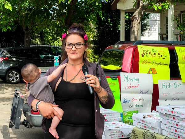 Cassandra Durante speaks at a press conference held by the Sacramento Homeless Union, the Regional Coalition to End Homelessness, Sacramento, Services Not Sweeps, and the Sacramento Poor People’s Campaign on Friday, June 5 2026.