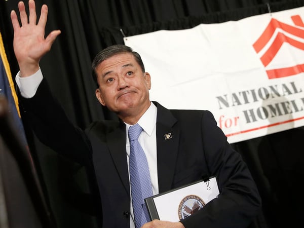 Secretary of Veterans Affairs Eric Shinseki waves after addressing the National Coalition for Homeless Veterans in Washington. Shinseki resigned last week amid problems with the agency's medical care system.
