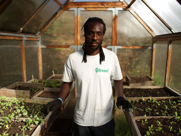 Chinowk Yisrael of Yisrael Family Farm poses in his greenhouse.
