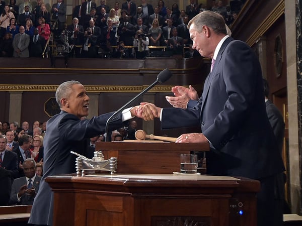 President Barack Obama shakes hands with House Speaker John Boehner as he arrives to deliver his State of the Union address to a joint session of Congress on Capitol Hill on Tuesday, Jan. 20, 2015, in Washington.