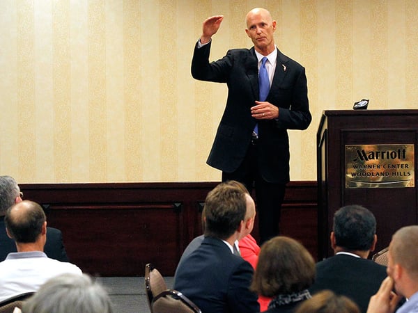 Republican Florida Gov. Rick Scott speaks during during the Valley Industry and Commerce Association (VICA) Leaders Forum in the Woodland Hills area of Los Angeles on Monday, April 13, 2015.