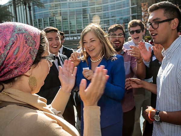 California Rep. Loretta Sanchez, middle, greets supporters at the California Democrats State Convention in Anaheim, Calif., on Saturday, May 16, 2015. 