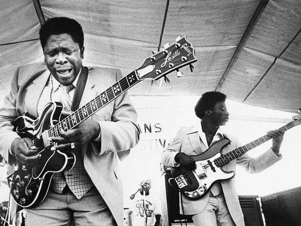FILE - In this April 21, 1980 file photo, B.B. King, left, and an accompanist perform during the opening of the 1980 New Orleans Jazz and Heritage Festival.